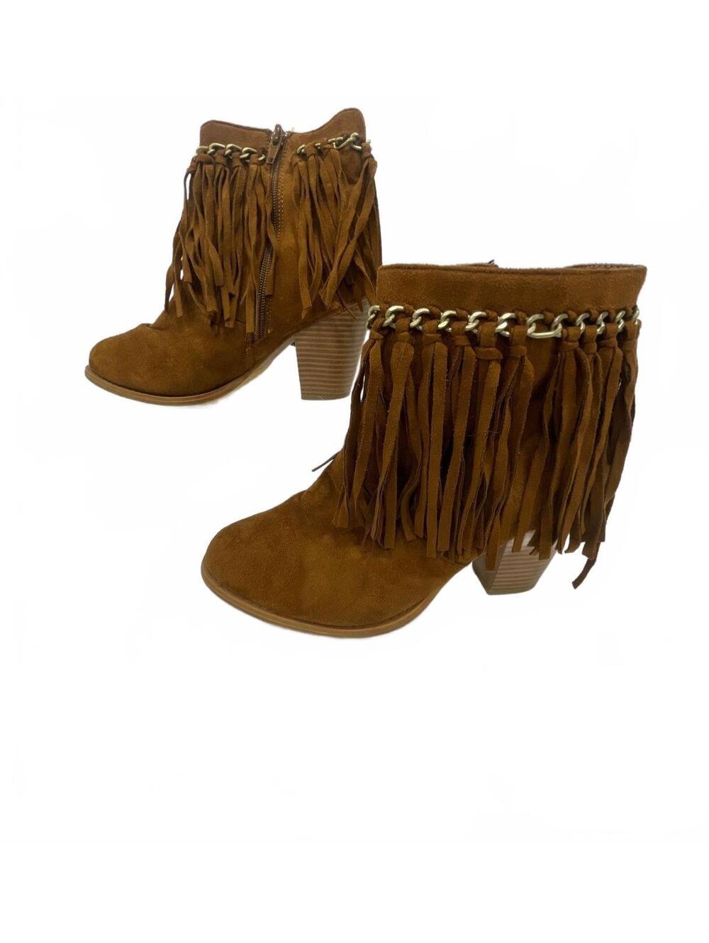 Journee Collection Brown Fringe Ankle Boots Chain Trim Booties 7.5M